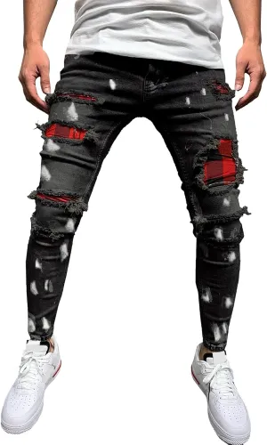 Men's Skinny Casual Destroyed Jean Slim Fit Tapered Leg Jean Pants Stretch Fashion Moto Biker Jeans