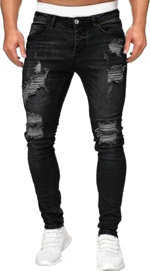 Men's Skinny Casual Destroyed Jean Slim Fit Tapered Leg Jean Pants Stretch Fashion Moto Biker Jeans