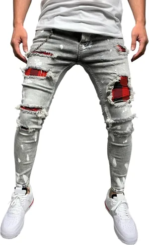 Men's Skinny Casual Destroyed Jean Slim Fit Tapered Leg Jean Pants Stretch Fashion Moto Biker Jeans