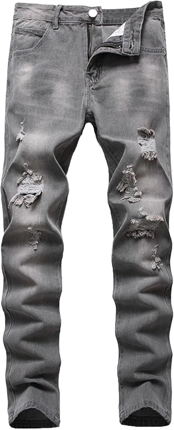 Men's Skinny Straight Leg Casual Jeans Ripped Distressed Washed Denim Pants Slim Fit Regular Biker Jeans