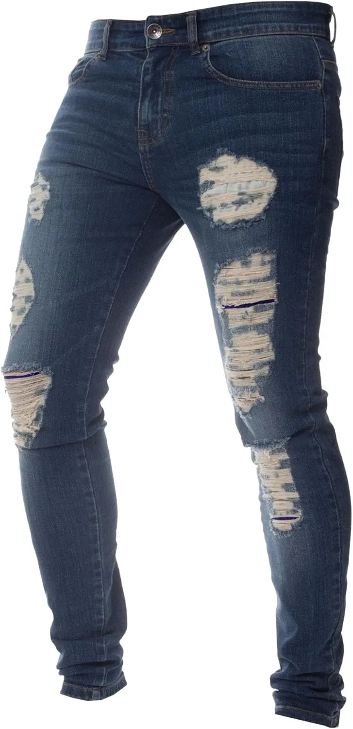 Men's Skinny Stylish Ripped Casual Jeans Distressed Slim Fit Lightweight Denim Pants Stretch Hip Hop Jeans Trouser