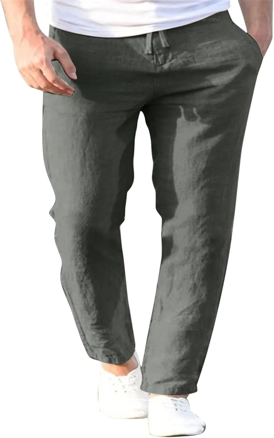 Men's Slim-Fit Slacks Drawstring Linen Pants Drawstring Linen Pants for Beach Yoga Workout Breathable Summer Pants