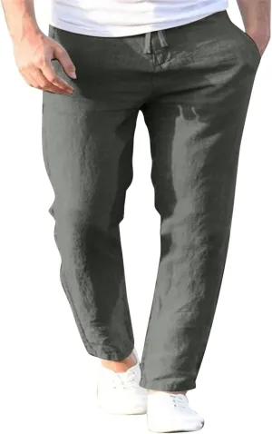 Men's Slim-Fit Slacks Drawstring Linen Pants Drawstring Linen Pants for Beach Yoga Workout Breathable Summer Pants