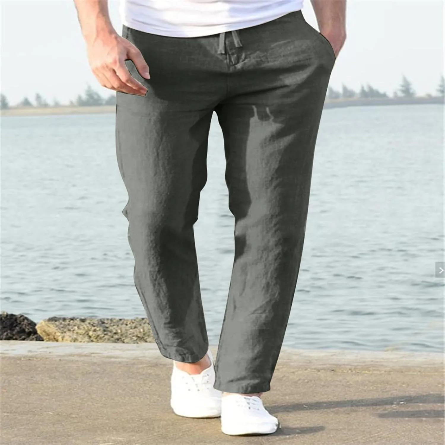 Men's Slim-Fit Slacks Drawstring Linen Pants Drawstring Linen Pants for Beach Yoga Workout Breathable Summer Pants