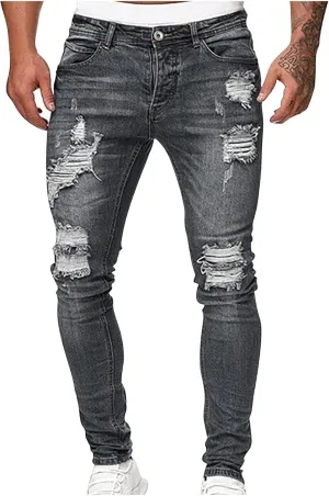 Men's Slim Fit Stretch Jeans Distressed Casual Stacked Frayed Straight Leg Skinny Denim Pants Full Length Trousers