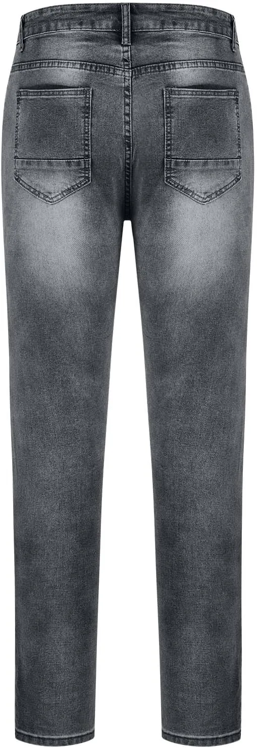 Men's Slim Fit Stretch Jeans Distressed Casual Stacked Frayed Straight Leg Skinny Denim Pants Full Length Trousers