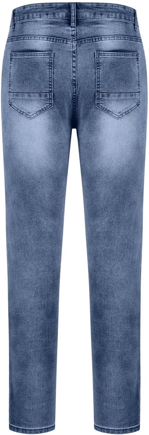 Men's Slim Fit Stretch Jeans Distressed Casual Stacked Frayed Straight Leg Skinny Denim Pants Full Length Trousers