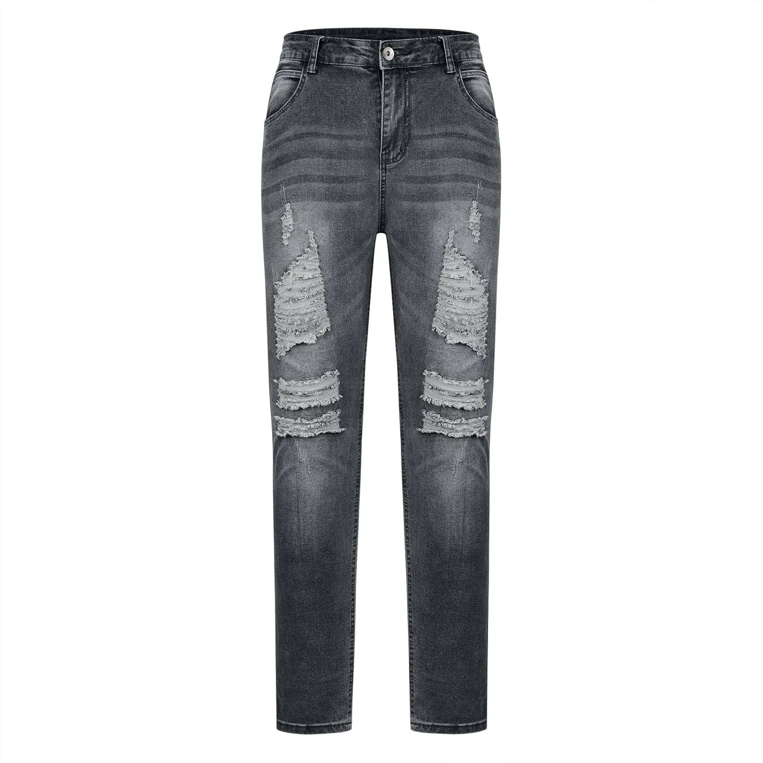 Men's Slim Fit Stretch Jeans Distressed Casual Stacked Frayed Straight Leg Skinny Denim Pants Full Length Trousers