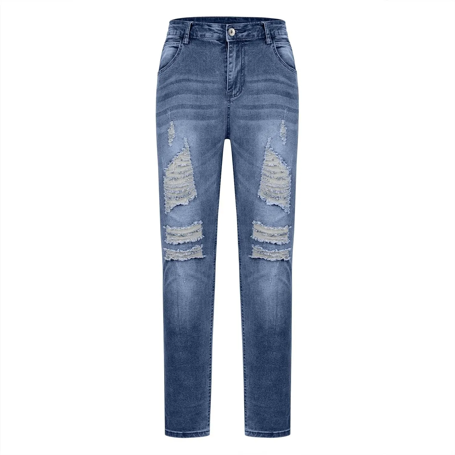 Men's Slim Fit Stretch Jeans Distressed Casual Stacked Frayed Straight Leg Skinny Denim Pants Full Length Trousers