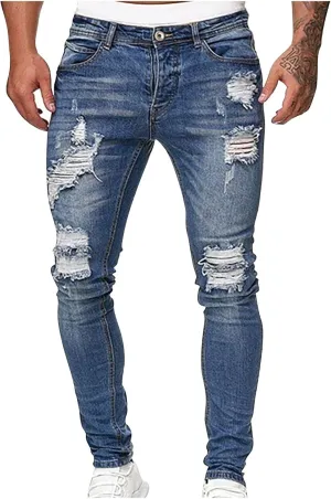 Men's Slim Fit Stretch Jeans Distressed Casual Stacked Frayed Straight Leg Skinny Denim Pants Full Length Trousers