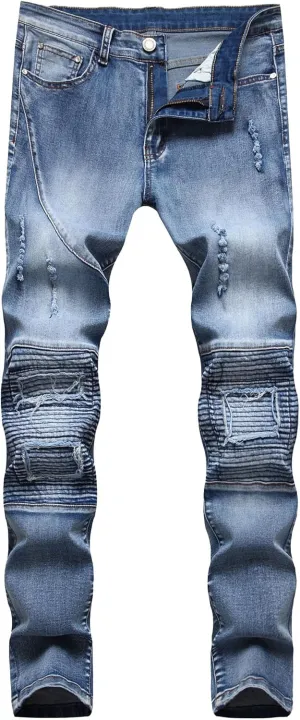 Men's Straight Leg Casual Patched Jeans Ripped Slim Fit Regular Denim Pants Fashion Distressed Biker Moto Jeans