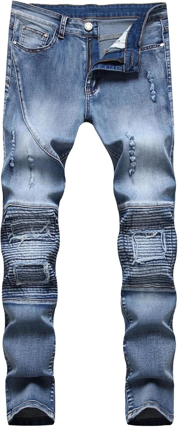 Men's Straight Leg Casual Patched Jeans Ripped Slim Fit Regular Denim Pants Fashion Distressed Biker Moto Jeans