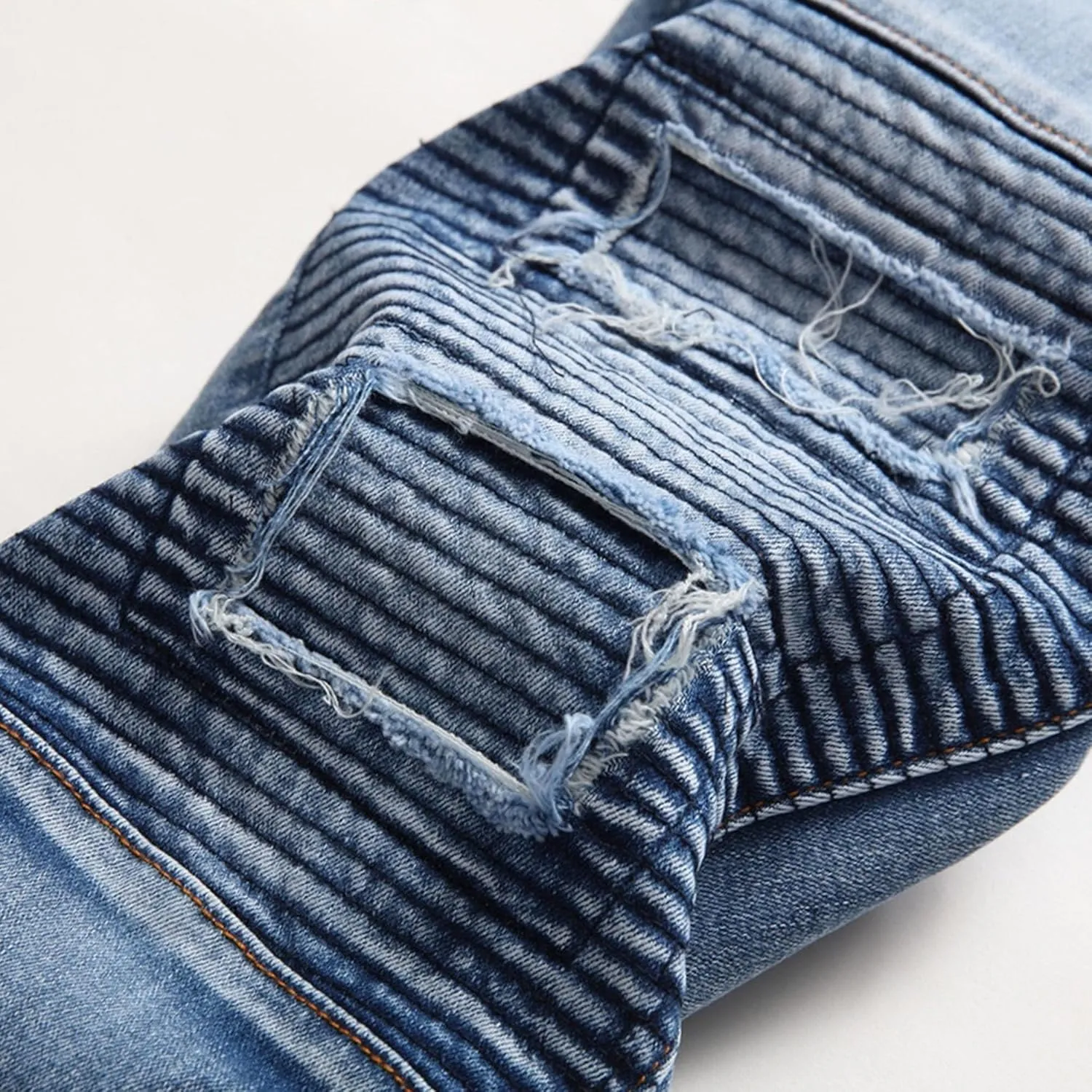 Men's Straight Leg Casual Patched Jeans Ripped Slim Fit Regular Denim Pants Fashion Distressed Biker Moto Jeans