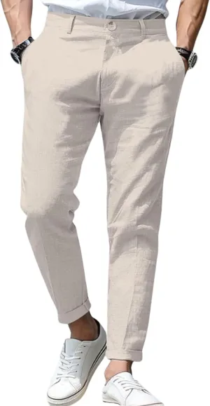 Mens Stretch Slim Fit Plaid Linen Classic Lightweight Dress Business Suit Casual Golf Party Wedding Trousers Pants