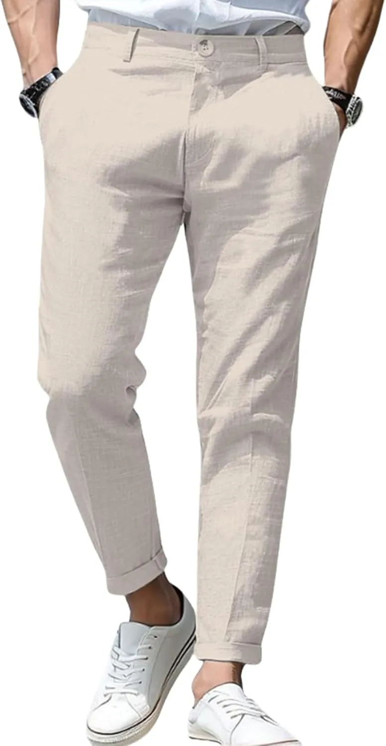 Mens Stretch Slim Fit Plaid Linen Classic Lightweight Dress Business Suit Casual Golf Party Wedding Trousers Pants