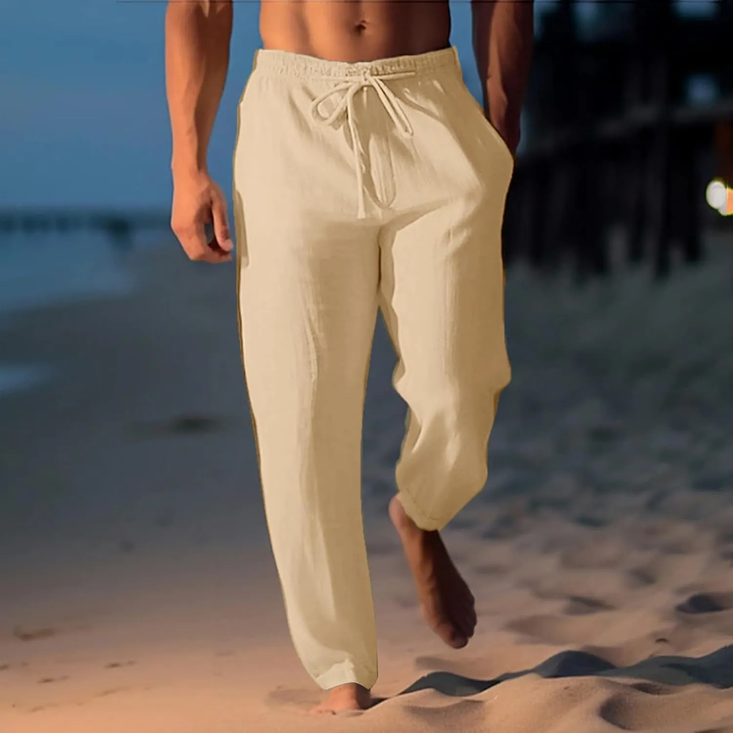 Men's Summer Beach Linen Pants Lightweight Casual Pants Elastic Waist Drawstring Trousers Outdoor Vacation Slacks