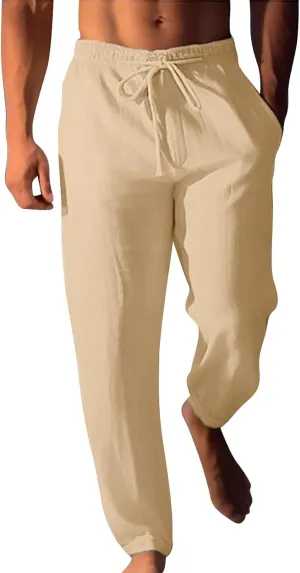 Men's Summer Beach Linen Pants Lightweight Casual Pants Elastic Waist Drawstring Trousers Outdoor Vacation Slacks
