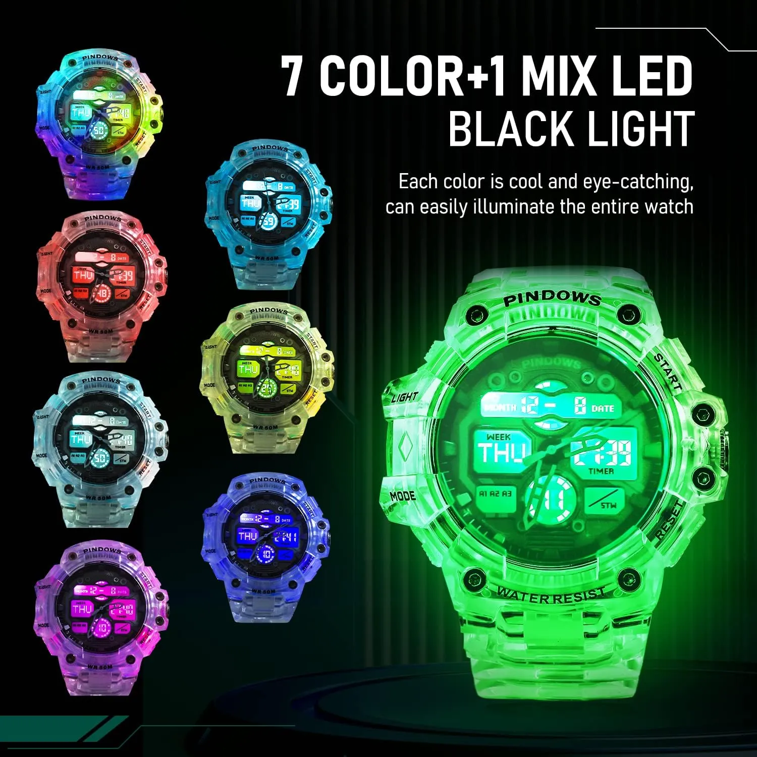 Mens Watch for Men Digital Sports Watch,7 Color LED Light Large Analog Digital Display Waterproof Watch with 3 Alarms/Countdown/Stopwatch/Dual Time Multi-Function Military Wrist Watches