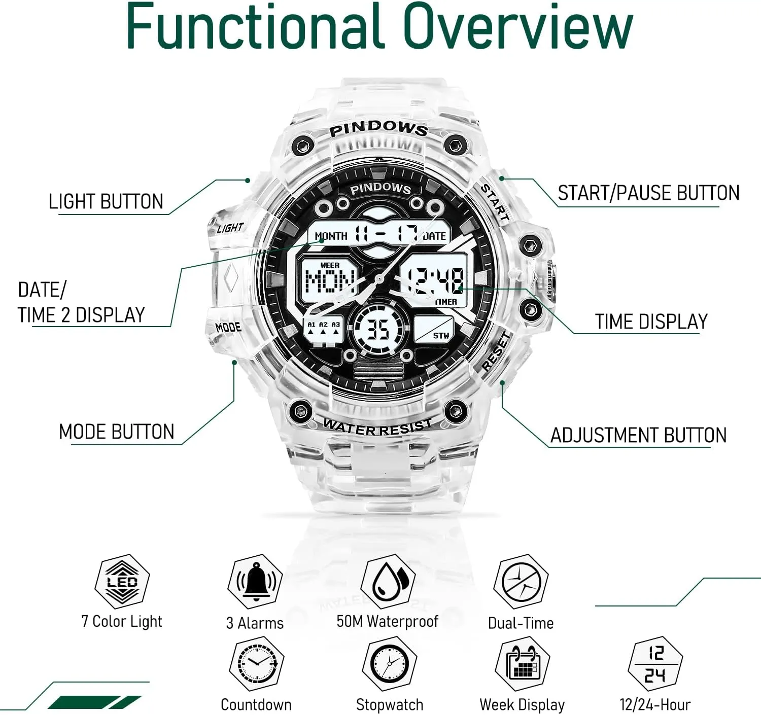 Mens Watch for Men Digital Sports Watch,7 Color LED Light Large Analog Digital Display Waterproof Watch with 3 Alarms/Countdown/Stopwatch/Dual Time Multi-Function Military Wrist Watches