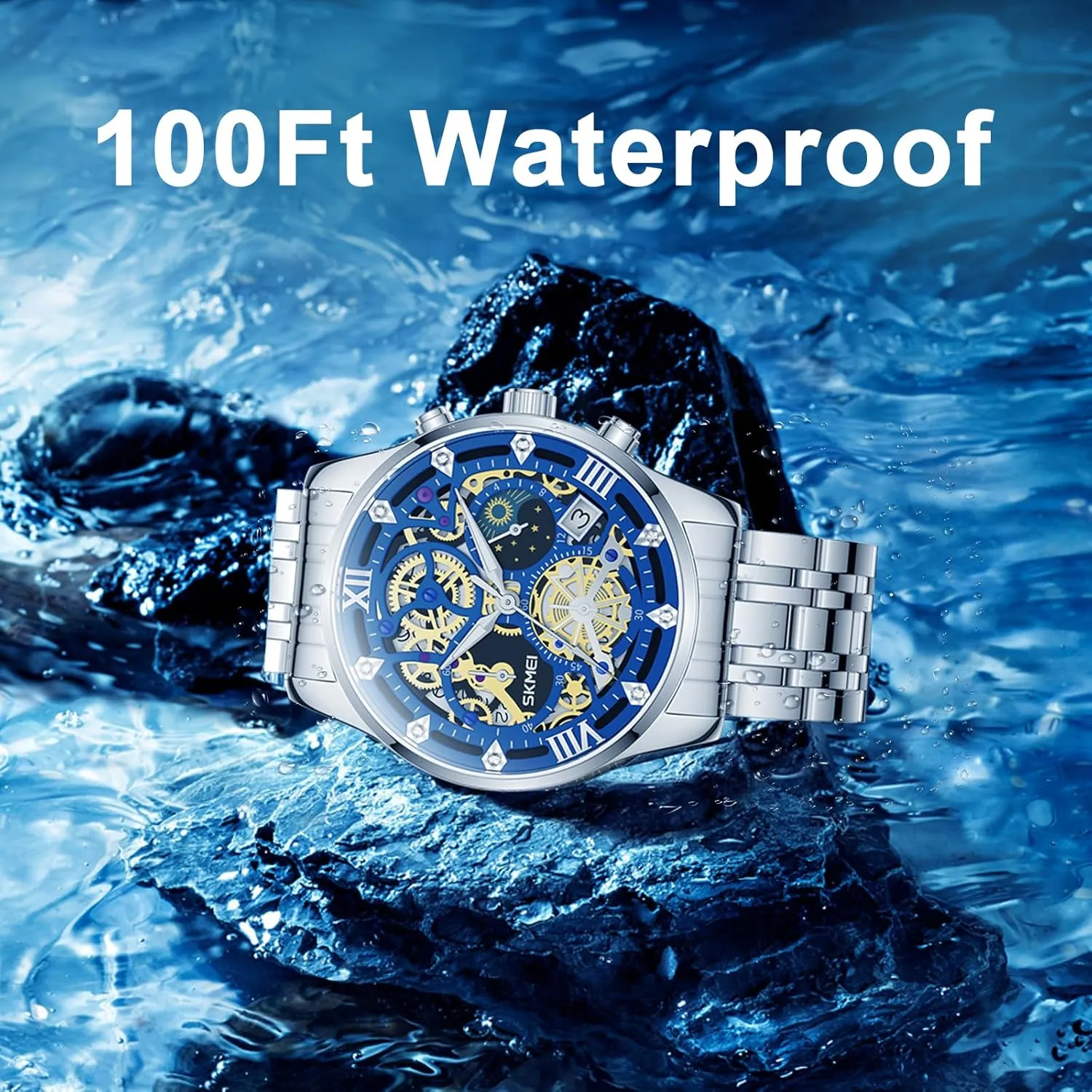 Mens Watches, Upgraded Gear Design Mens Skeleton Watch, Chronograph Luxury Diamond Dress Business Analog Quartz Wrist Watches for Men, 100fts Waterproof Luminous Moon Phase, Unique Gift for Mens