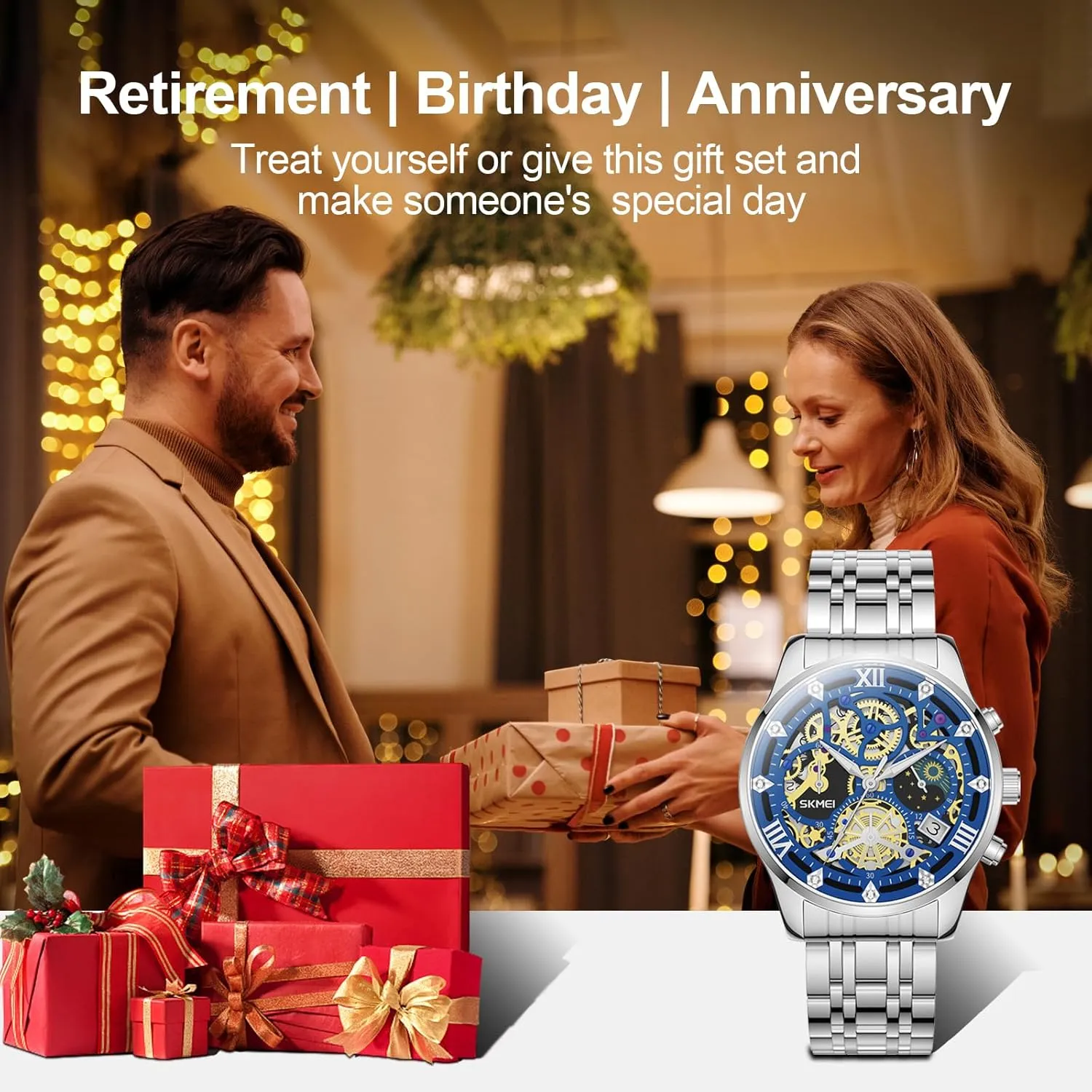 Mens Watches, Upgraded Gear Design Mens Skeleton Watch, Chronograph Luxury Diamond Dress Business Analog Quartz Wrist Watches for Men, 100fts Waterproof Luminous Moon Phase, Unique Gift for Mens