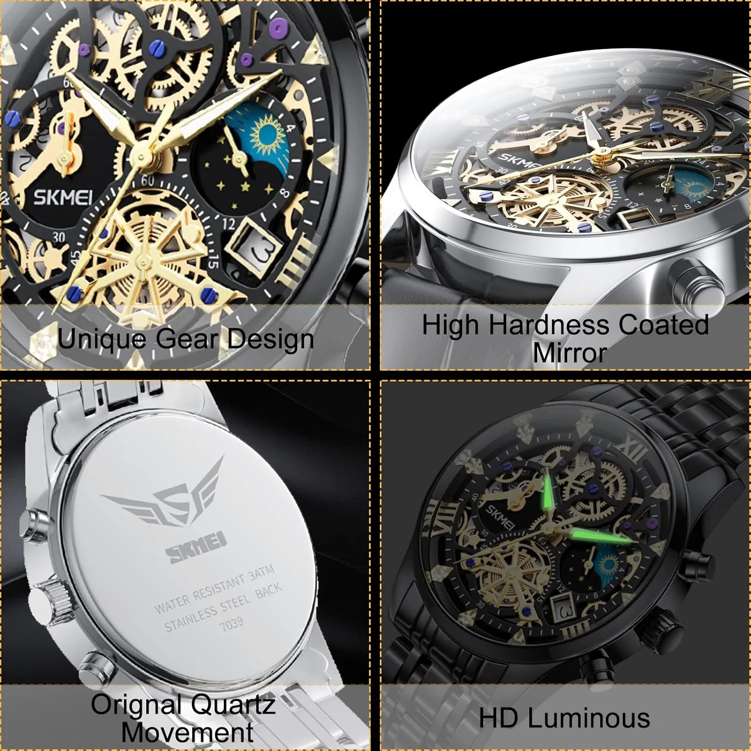 Mens Watches, Upgraded Gear Design Mens Skeleton Watch, Chronograph Luxury Diamond Dress Business Analog Quartz Wrist Watches for Men, 100fts Waterproof Luminous Moon Phase, Unique Gift for Mens