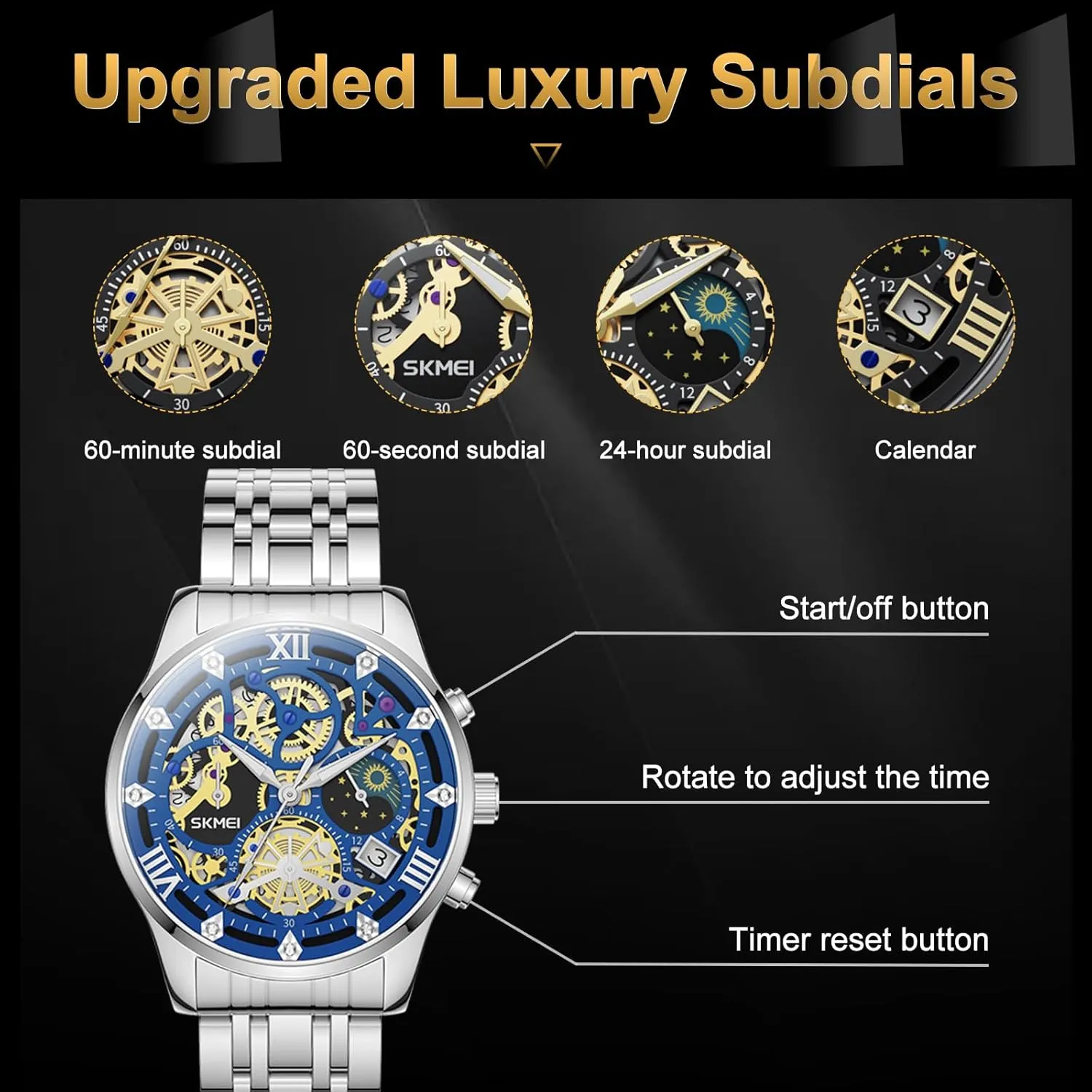 Mens Watches, Upgraded Gear Design Mens Skeleton Watch, Chronograph Luxury Diamond Dress Business Analog Quartz Wrist Watches for Men, 100fts Waterproof Luminous Moon Phase, Unique Gift for Mens