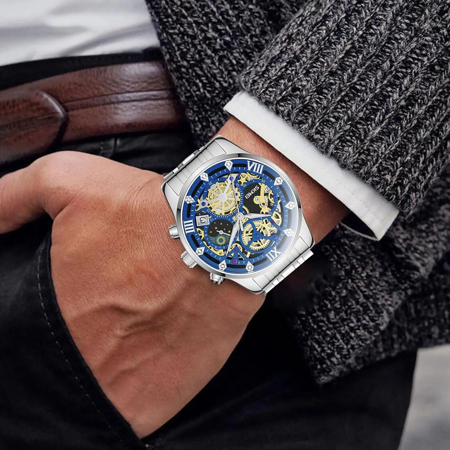 Mens Watches, Upgraded Gear Design Mens Skeleton Watch, Chronograph Luxury Diamond Dress Business Analog Quartz Wrist Watches for Men, 100fts Waterproof Luminous Moon Phase, Unique Gift for Mens