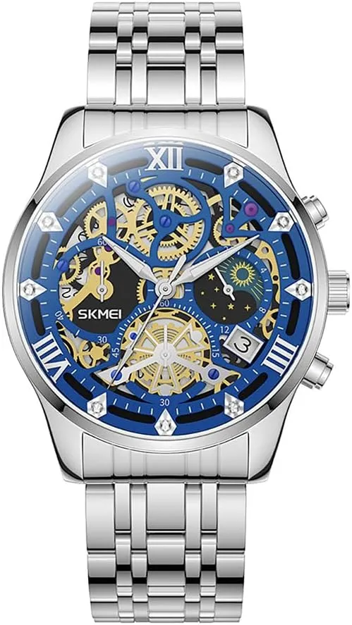 Mens Watches, Upgraded Gear Design Mens Skeleton Watch, Chronograph Luxury Diamond Dress Business Analog Quartz Wrist Watches for Men, 100fts Waterproof Luminous Moon Phase, Unique Gift for Mens