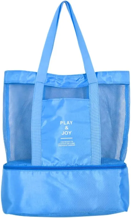 Mesh Beach Bag Tote, Extra Reusable Shopping Beach Handbag Family Picnic Cooler Outdoor Grocery Organizer (Blue)