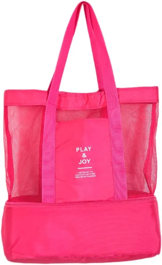 Mesh Beach Bag Tote, Extra Reusable Shopping Beach Handbag Family Picnic Cooler Outdoor Grocery Organizer (Pink)