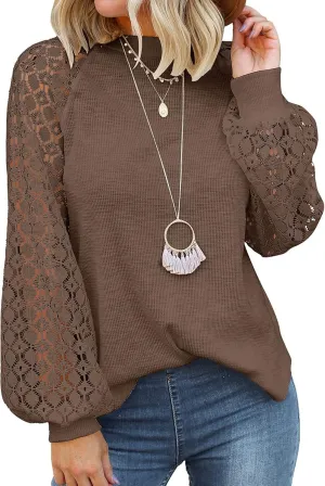 MIHOLL Womens Long Sleeve Tops Lace Casual Loose Blouses T Shirts