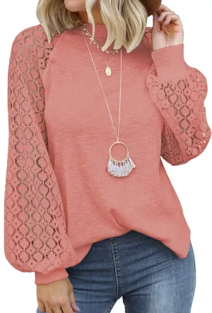 MIHOLL Womens Long Sleeve Tops Lace Casual Loose Blouses T Shirts