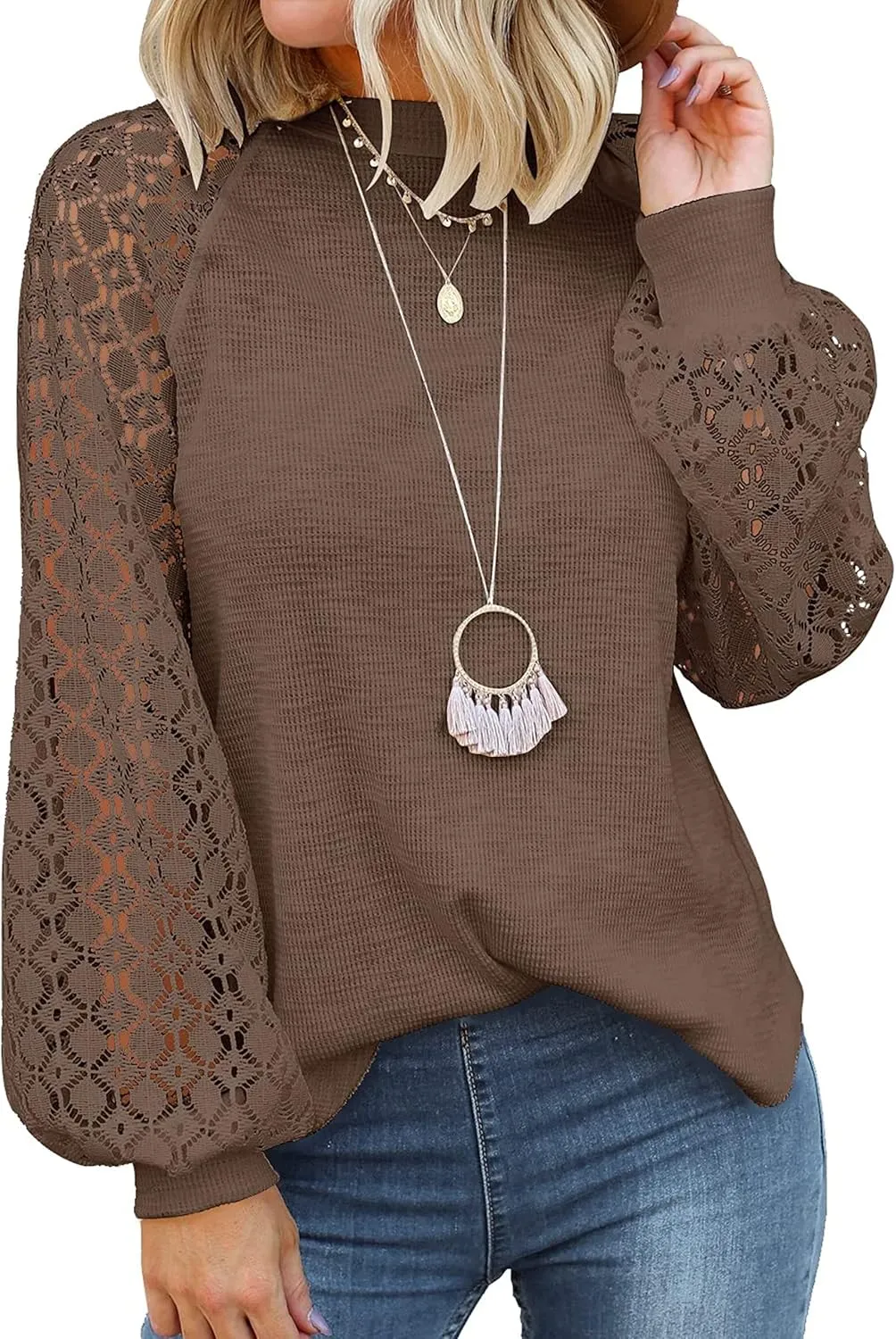 MIHOLL Womens Long Sleeve Tops Lace Casual Loose Blouses T Shirts