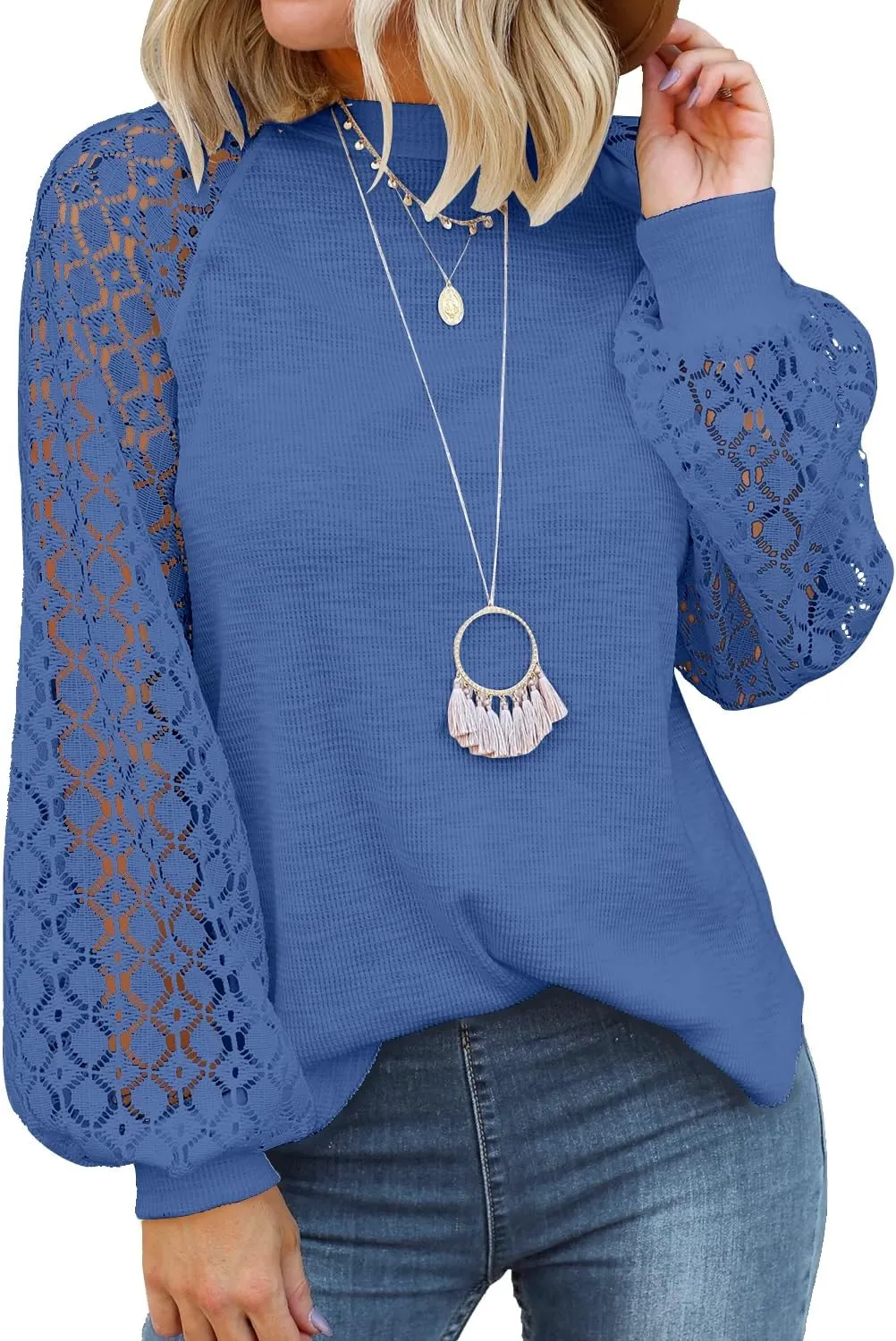 MIHOLL Womens Long Sleeve Tops Lace Casual Loose Blouses T Shirts