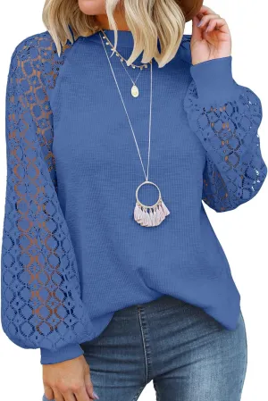 MIHOLL Womens Long Sleeve Tops Lace Casual Loose Blouses T Shirts