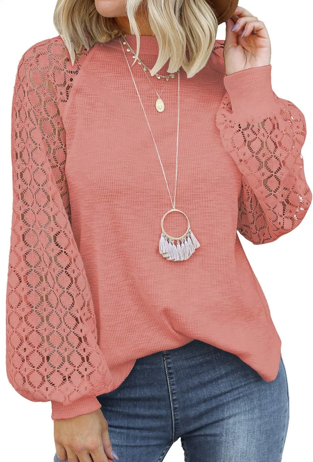 MIHOLL Womens Long Sleeve Tops Lace Casual Loose Blouses T Shirts