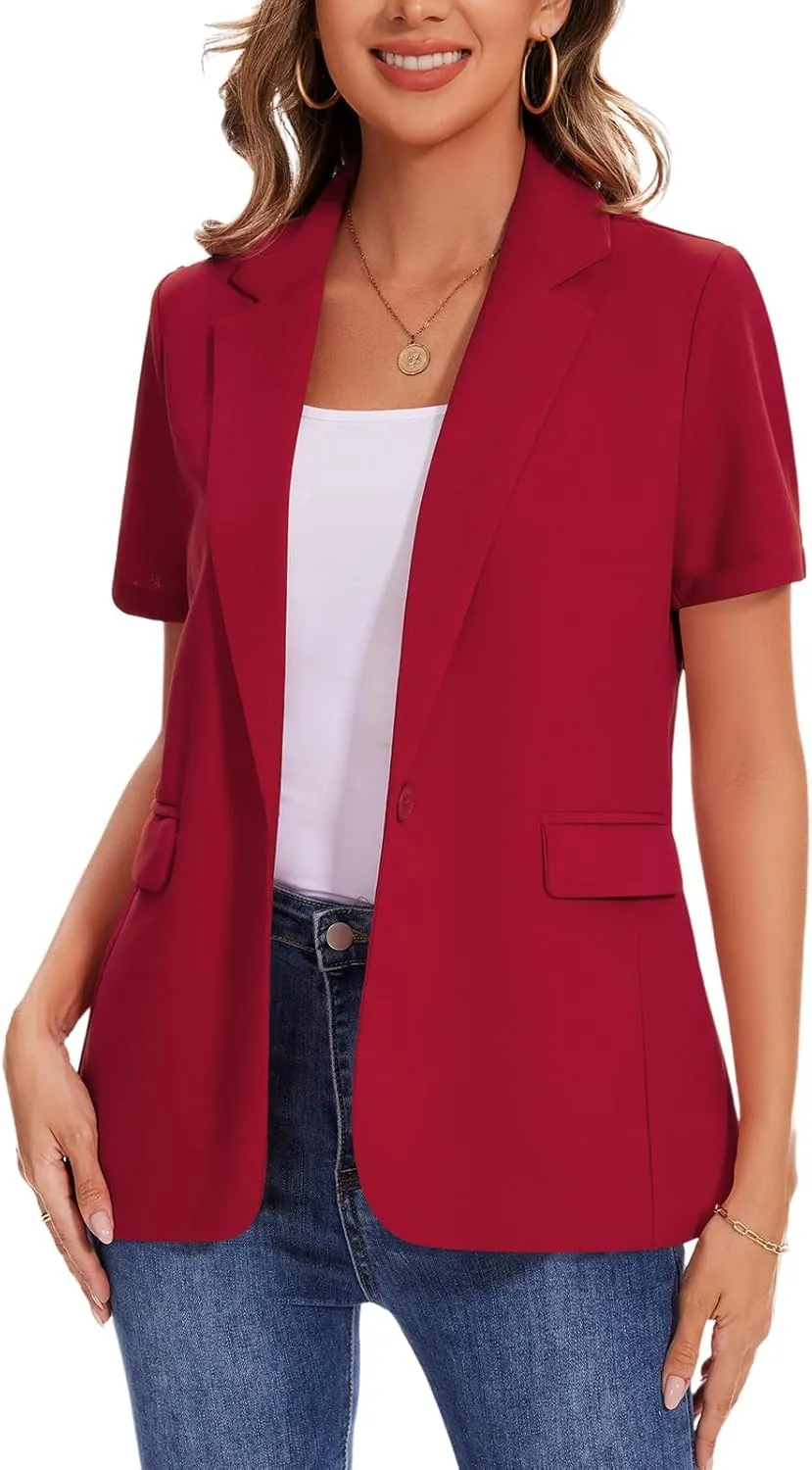 MINTLIMIT Women Short Sleeve Blazer Lightweight Button Front Business Jacket Notched Lapel Work Office Blazers with Pockets