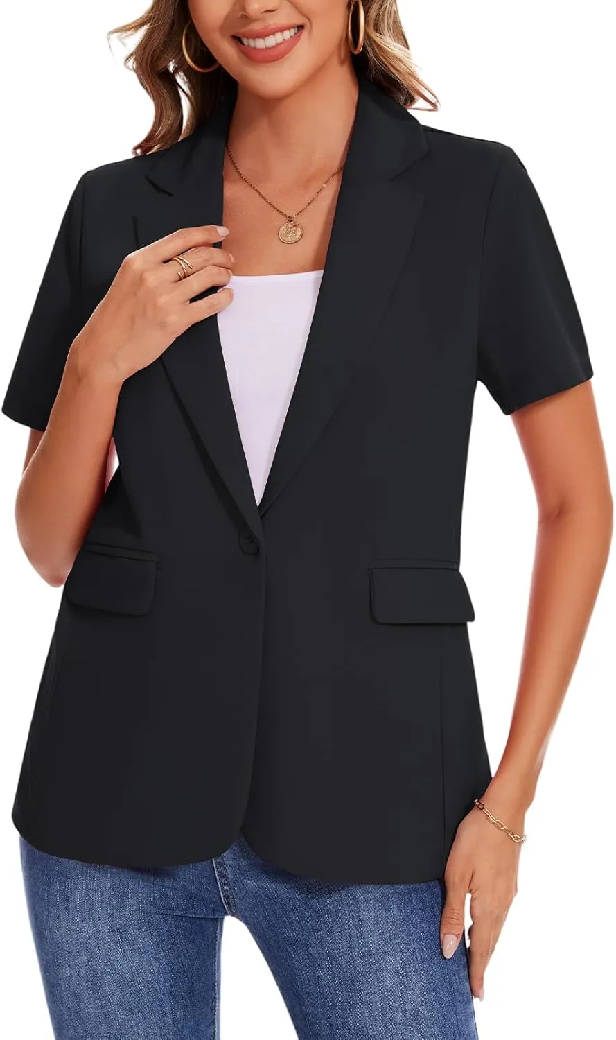 MINTLIMIT Women Short Sleeve Blazer Lightweight Button Front Business Jacket Notched Lapel Work Office Blazers with Pockets