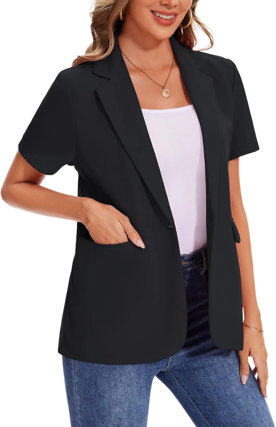 MINTLIMIT Women Short Sleeve Blazer Lightweight Button Front Business Jacket Notched Lapel Work Office Blazers with Pockets
