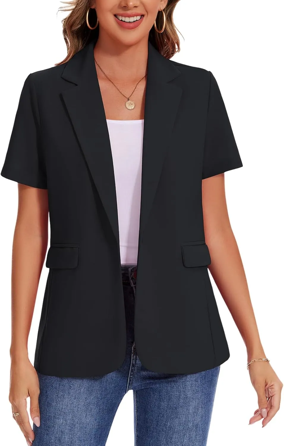 MINTLIMIT Women Short Sleeve Blazer Lightweight Button Front Business Jacket Notched Lapel Work Office Blazers with Pockets