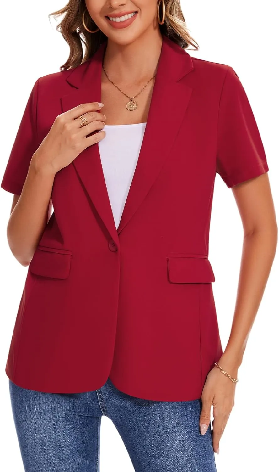 MINTLIMIT Women Short Sleeve Blazer Lightweight Button Front Business Jacket Notched Lapel Work Office Blazers with Pockets