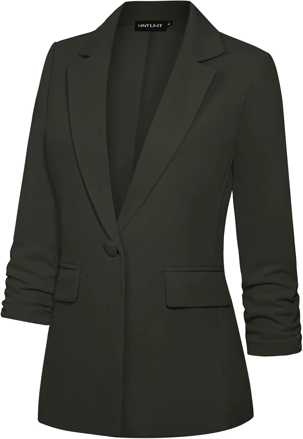 MINTLIMIT Womens Blazer 3/4 Ruched Sleeve Notch Lapel Business Work Blazers One Button Open Front Casual Jackets with Pockets