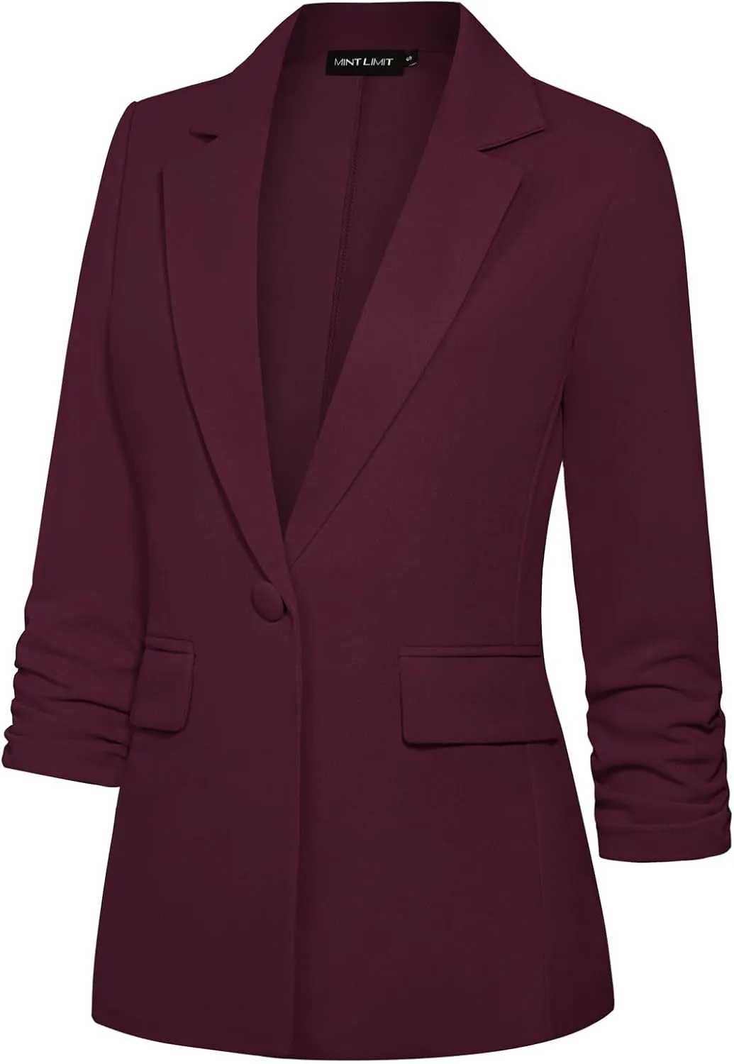 MINTLIMIT Womens Blazer 3/4 Ruched Sleeve Notch Lapel Business Work Blazers One Button Open Front Casual Jackets with Pockets