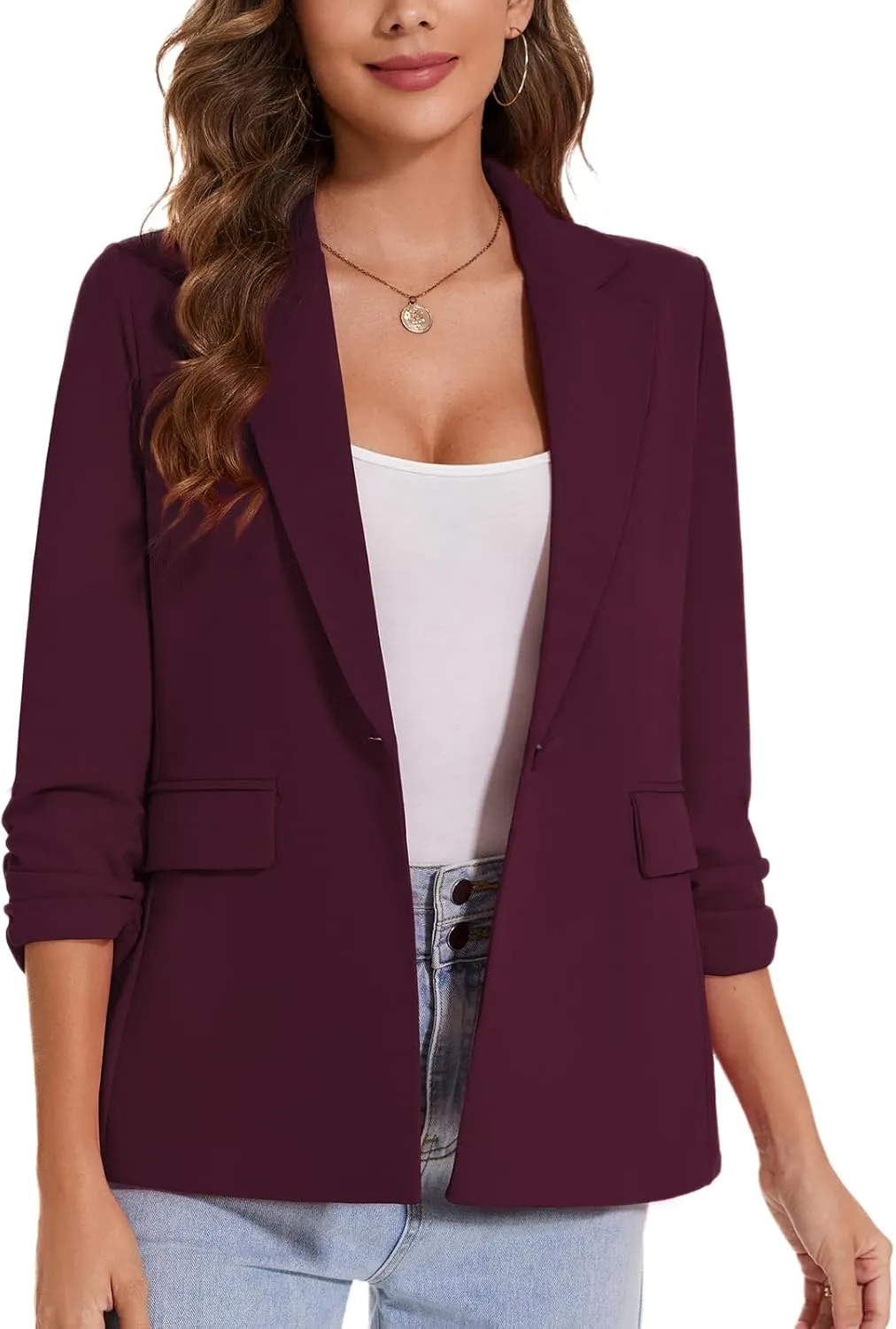 MINTLIMIT Womens Blazer 3/4 Ruched Sleeve Notch Lapel Business Work Blazers One Button Open Front Casual Jackets with Pockets