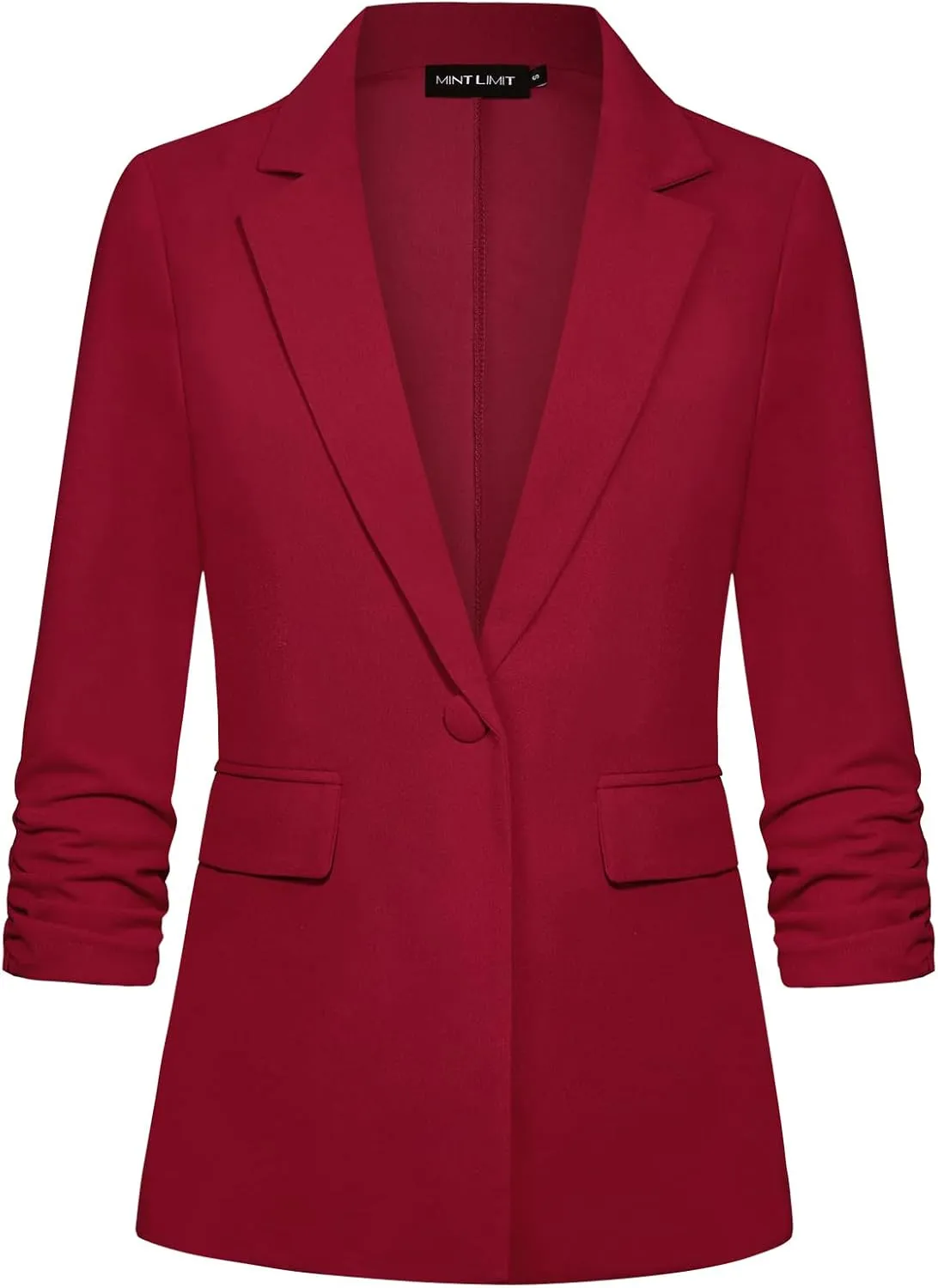 MINTLIMIT Womens Blazer 3/4 Ruched Sleeve Notch Lapel Business Work Blazers One Button Open Front Casual Jackets with Pockets