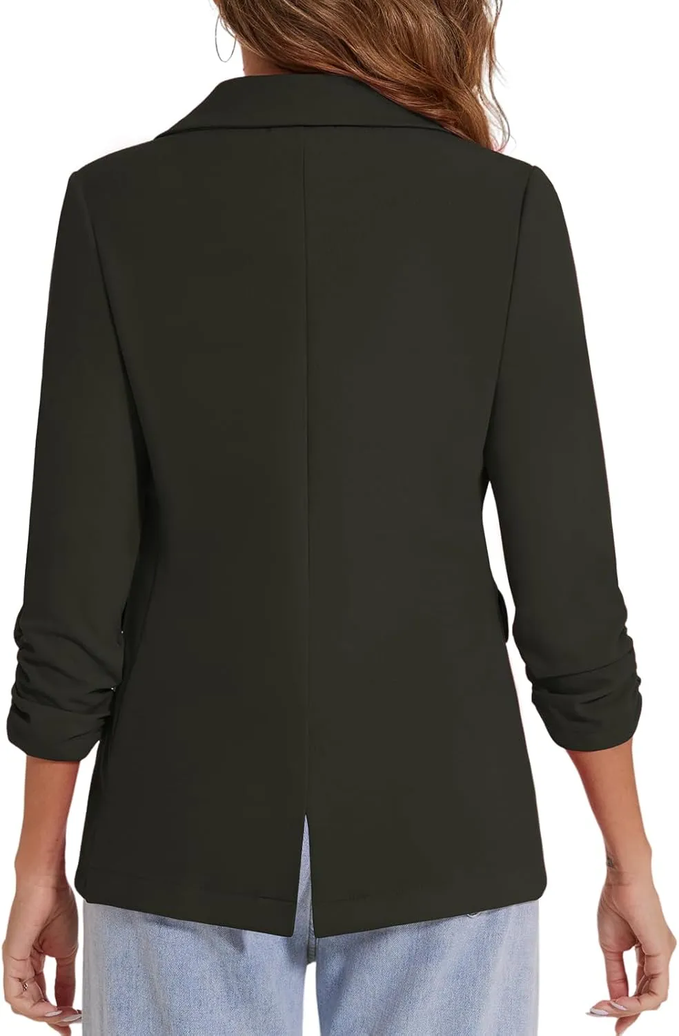 MINTLIMIT Womens Blazer 3/4 Ruched Sleeve Notch Lapel Business Work Blazers One Button Open Front Casual Jackets with Pockets
