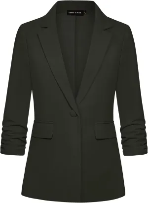 MINTLIMIT Womens Blazer 3/4 Ruched Sleeve Notch Lapel Business Work Blazers One Button Open Front Casual Jackets with Pockets