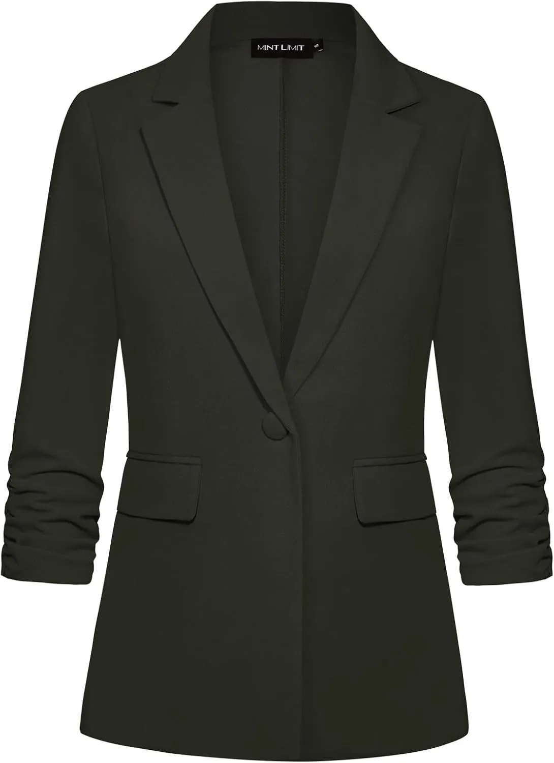 MINTLIMIT Womens Blazer 3/4 Ruched Sleeve Notch Lapel Business Work Blazers One Button Open Front Casual Jackets with Pockets