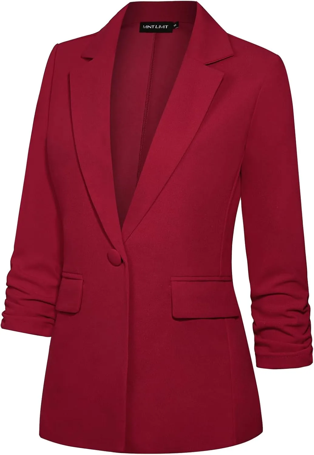 MINTLIMIT Womens Blazer 3/4 Ruched Sleeve Notch Lapel Business Work Blazers One Button Open Front Casual Jackets with Pockets